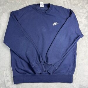 NIKE Mens M Navy Blue Fleece Crewneck Sweatshirt White Embroidered Swoosh Logo